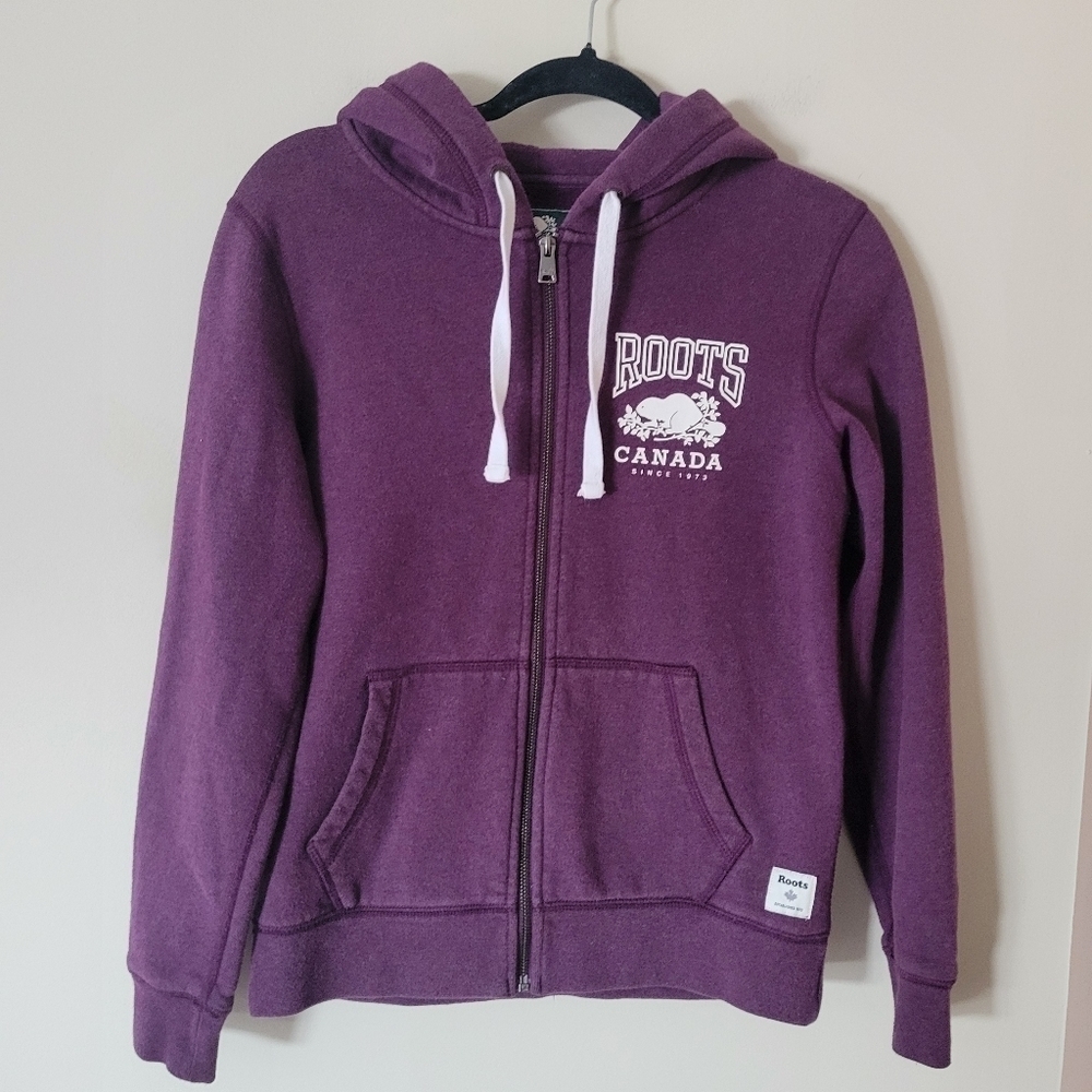 Roots Women's Purple Zip Up Hoodie Hooded Sweatshirt Loungewear Comfy Fleece XS